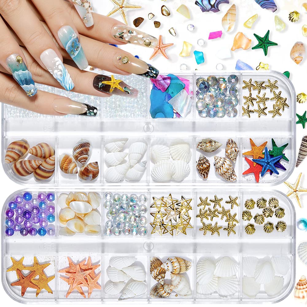 ÖHana nail Summer Nail Art Rhinestones, 2 Boxes Ocean Nail Charms Shell